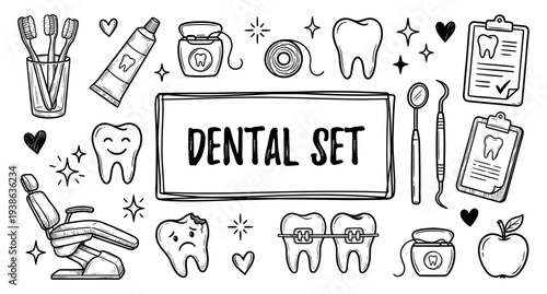 Dental care and dentistry doodle set with tooth and chair