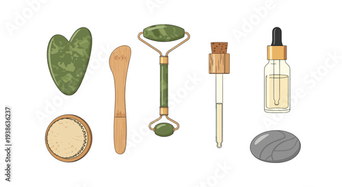 A collection of six beauty and skincare items including a gua sha, jade roller, and dropper bottles are neatly arranged on a white background.