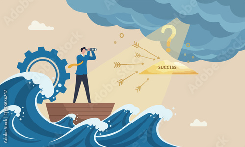 Vision to see, success, for challenge, look for goal, strategy to win business concept, businessman leader look through binocular on the ship in storm ocean