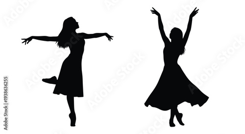 Two women in dresses with arms raised striking a pose silhouette