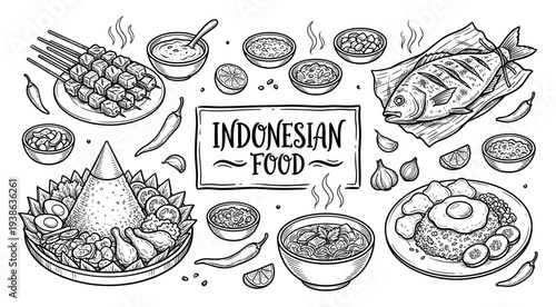Indonesian food hand drawn sketch with tumpeng satay and nasi goreng