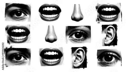 Halftone face part collage set with eye mouth and ear