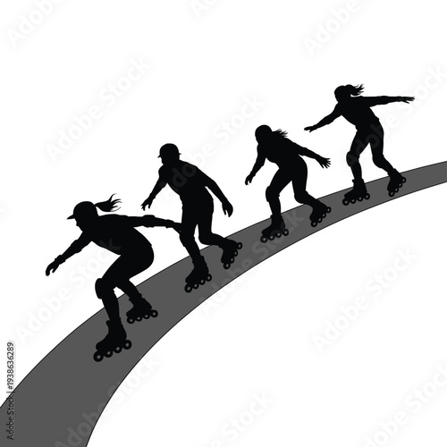 Group of inline skaters rolling down a curved path in silhouette.