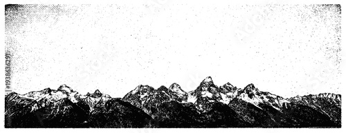 Mountain range panorama with snow peaks halftone engraving