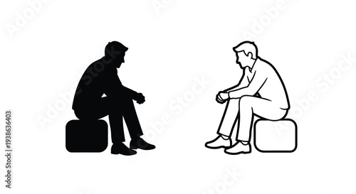 Two men seated in conversation one depicted as a stark silhouette