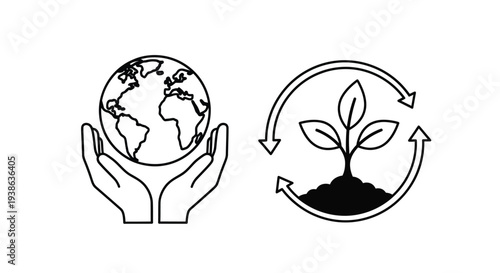 Hands cradling earth and recycling symbol a black outline silhouette
