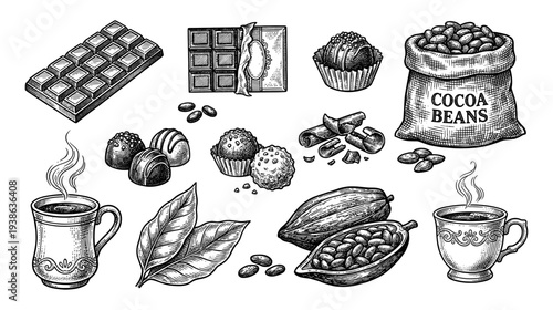 Vintage chocolate and cocoa bean engraving set with hot drink