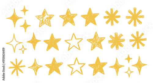Yellow hand drawn star and sparkle with crayon texture