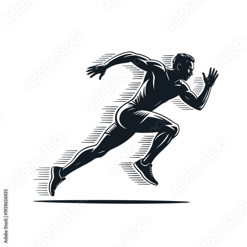 An athletic man is running at full speed on a white background.