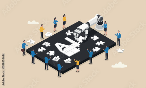 AI, Artificial puzzle teams together the AI with robot arm and hand on dark black cement surrounded by other alphabets