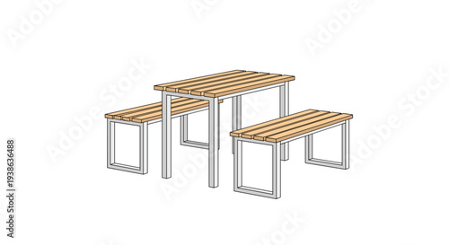A rectangular picnic table with slatted wooden top and light grey metal frame is accompanied by two matching benches on a white background.