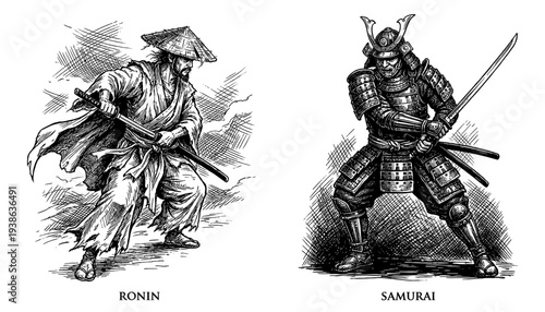 Hand drawn samurai and ronin Japanese warrior engraving