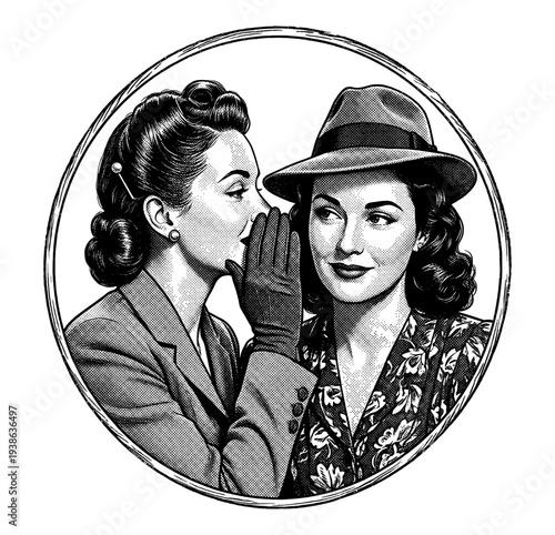 Vintage woman whisper secret gossip engraving circle frame