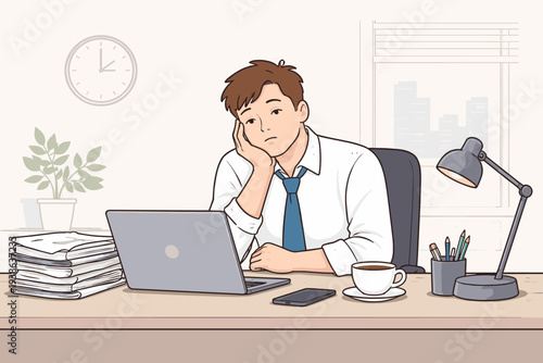 Bored Office Worker Feeling Exhausted and Fatigued at His Desk During the Afternoon Slump; Tired Employee Experiencing Burnout and Stress at Work with Laptop, Coffee, and Stack of Paperwork