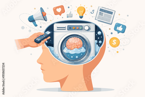 Conceptual Illustration of Brainwashing and Media Manipulation Showing a Human Brain Being Washed in a Machine Surrounded by Propaganda Icons Like Social Media Likes News and Advertising Symbols