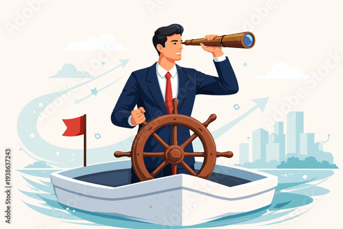 Business Leadership and Visionary Concept with Businessman in a Boat Holding a Ship Wheel and Looking Through a Telescope to Lead Company Success, Career Direction, and Growth Strategy.