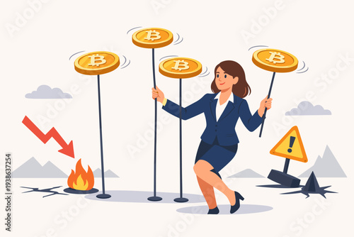 Businesswoman Balancing Spinning Bitcoin Coins on Poles Representing Cryptocurrency Market Volatility, Financial Risk, and Investment Challenges with Red Downward Arrow and Warning Sign Icons.