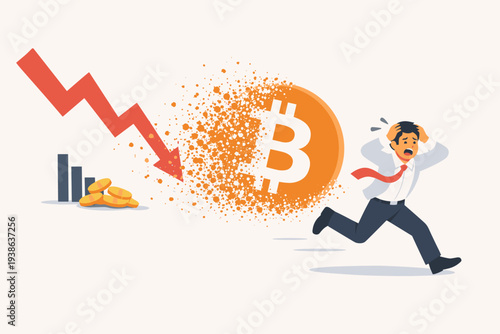 Bitcoin Price Falling Down Making Investor or Trader Losing Money, Crypto Value Dissolving into Dust, Financial Market Crash with Red Arrow and Panicked Businessman Running Away in Fear.
