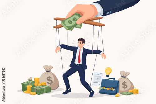 Corporate Businessman Puppet Controlled by Giant Hand with Cash, Concept of Financial Manipulation, Capitalism, Greed, Bribery, and Corruption in a Modern Working Environment Illustration