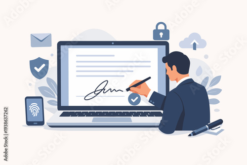 Businessman signing electronic agreement with digital signature on laptop screen, online document contract verification with security icons, biometric authentication and cloud storage technology.