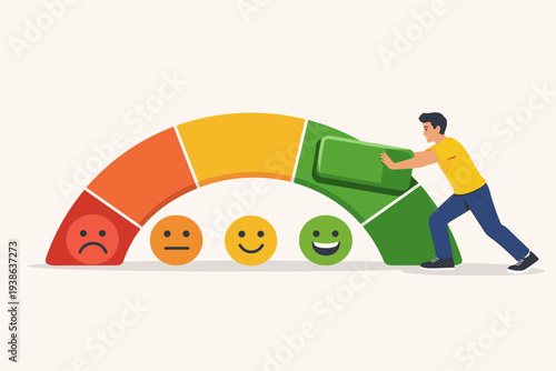 Man pushing green block on satisfaction rating scale gauge with emoticons from sad to happy for customer feedback survey, quality experience evaluation, and service performance measurement.