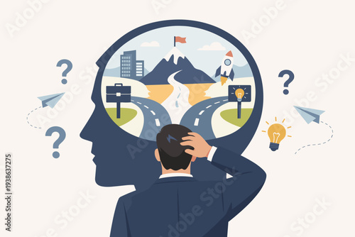 Businessman Making a Decision at a Crossroads Choosing Between Career Paths, Opportunities, and Future Goals with a Vision of Success and Innovation, Concept of Strategy, Planning, and Confusion