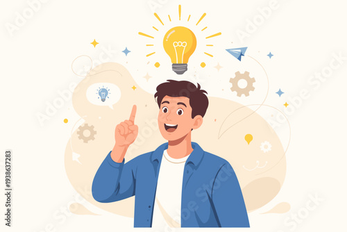 Young Man Having a Creative Eureka Moment with a Glowing Lightbulb Over His Head, Symbolizing a New Idea, Innovation, Problem Solving, and Business Insight in a Vibrant Vector Illustration Style.