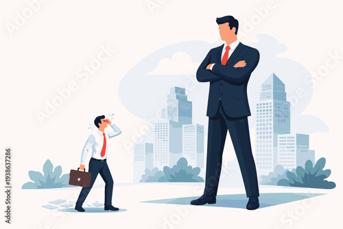 Small Businessman Looking Up at a Giant Corporate Executive in a Suit, Representing Entrepreneurship Challenges, Small Business Competition Against Large Corporations, Power Dynamics and Fear.