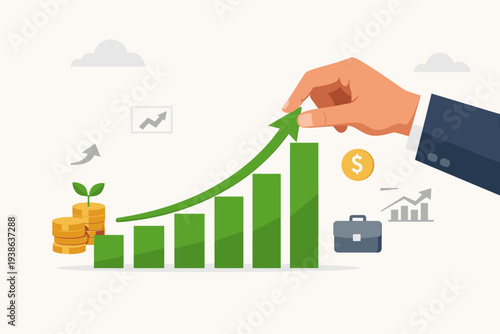 Financial growth and profit increase concept with a businessman hand moving a green arrow up on a bar chart, representing earning capital gain, growing investment, and market domination success.