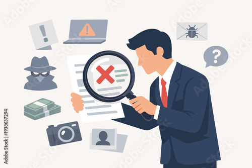 Businessman Investigating Fake Document with Magnifying Glass; Concept of Fraud Detection, Misinformation, Cybersecurity, Illegal Activity, Data Verification, Fact Checking, and Fake News Analysis