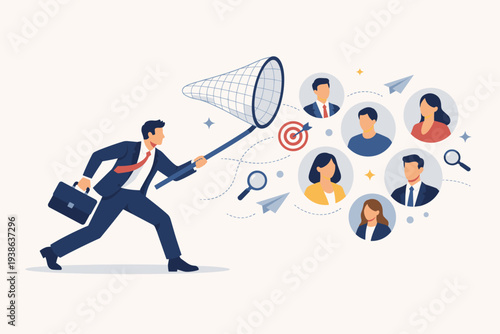 Businessman running with a net to catch potential candidates or customers. Human resources recruitment concept, hiring new employees, marketing for new clients, and talent acquisition strategy.
