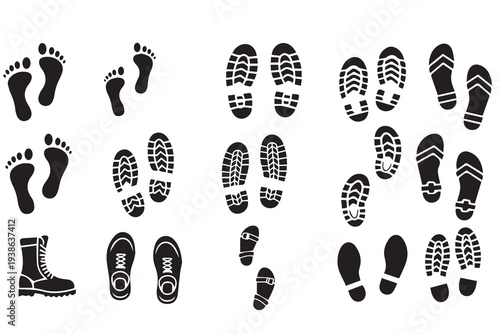 Footprint and Shoe Print Vector Silhouettes Set - Human Feet and Boot Tracks