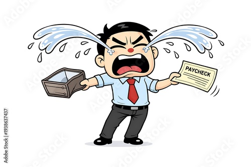 Frustrated Cartoon Businessman Crying with Empty Wallet and Paycheck on White Background