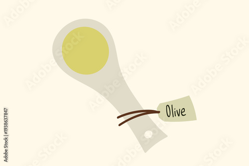 Minimalist vector illustration of extra virgin olive oil in a spoon with an olive label tag. Organic cooking ingredient for healthy food concept, isolated on neutral background.