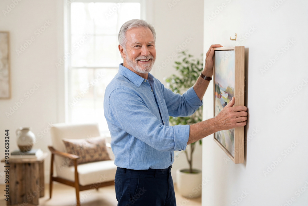 Fototapeta premium A happy senior man hangs a framed picture on a white wall