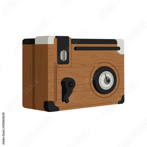 A detailed illustration of a vintage wooden box camera with a crank and a dial, featuring a classic retro design.