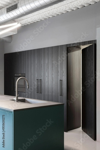 Modern luxury kitchen interior in minimal scandinavian style, 3d render