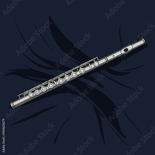 A detailed illustration of a silver flute with intricate keys and holes, casting a subtle shadow on a dark blue background with abstract organic shapes.