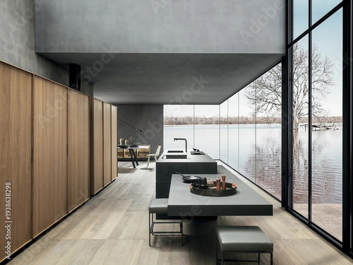 Modern luxury kitchen interior in minimal scandinavian style, 3d render