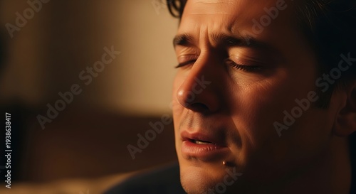 Close-up shot of a man with his eyes closed, tears rolling down his face, conveying a moment of profound sadness or emotional release