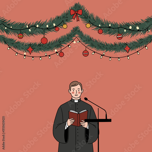 A priest in clerical attire reads from a book at a podium adorned with Christmas decorations.