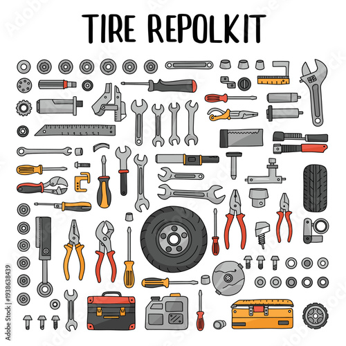 A comprehensive collection of hand tools and automotive repair equipment, including wrenches, screwdrivers, pliers, and tire-related items, depicted in a colorful cartoon style.