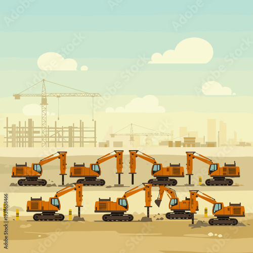 A group of orange excavators with jackhammers working on a large construction site with cranes and city buildings in the background under a blue sky.