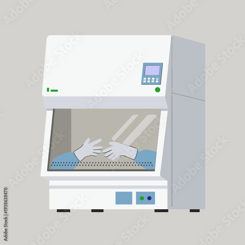 A laboratory biosafety cabinet with gloved hands inside, designed for sterile work.