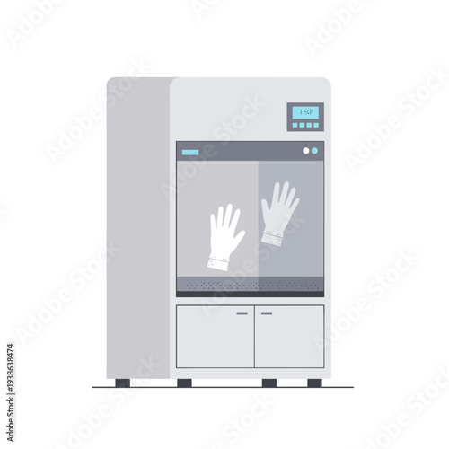 Grey laboratory glove box or biological safety cabinet with integrated white gloves and digital display, used for scientific research and sterile environments.