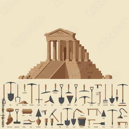 An extensive collection of archaeological tools and equipment arranged below a grand classical temple structure.