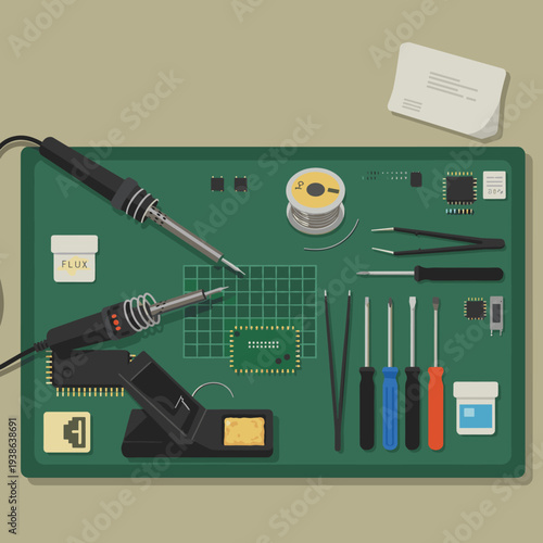 Overhead view of a workbench with soldering irons, electronic components, and repair tools on a green mat.