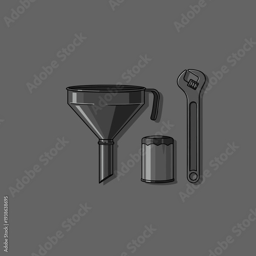 A dark gray illustration of a funnel, an oil filter, and an adjustable wrench on a dark gray background.