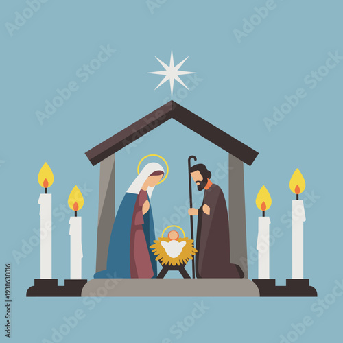 Flat design illustration of a traditional Christian Nativity scene with Mary, Joseph, and baby Jesus in a stable, surrounded by lit candles and a shining star.
