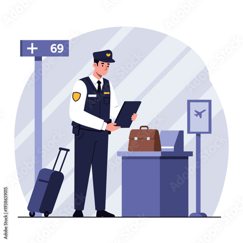 A uniformed security officer inspects a document at an airport security checkpoint with luggage nearby.